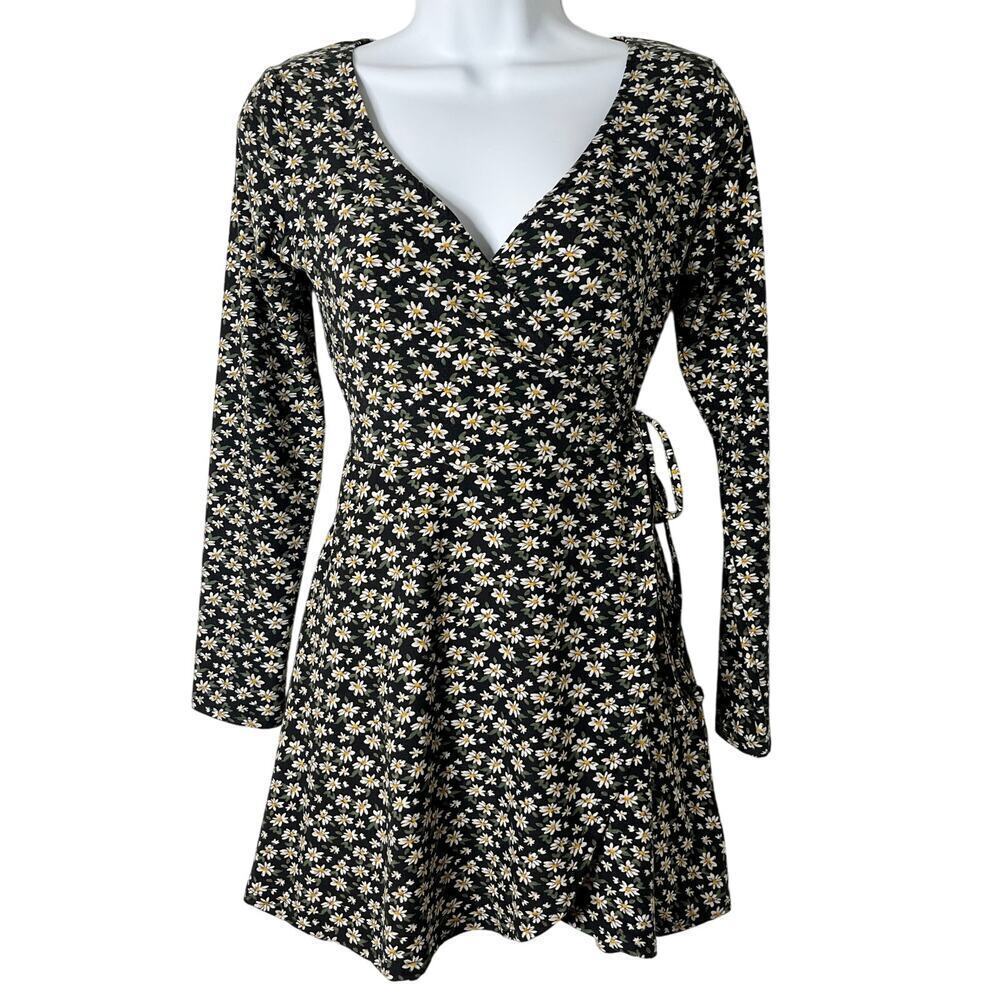 Hollister Women's Mini Wrap Dress XS Floral Print Black & Yellow Long Sleeve